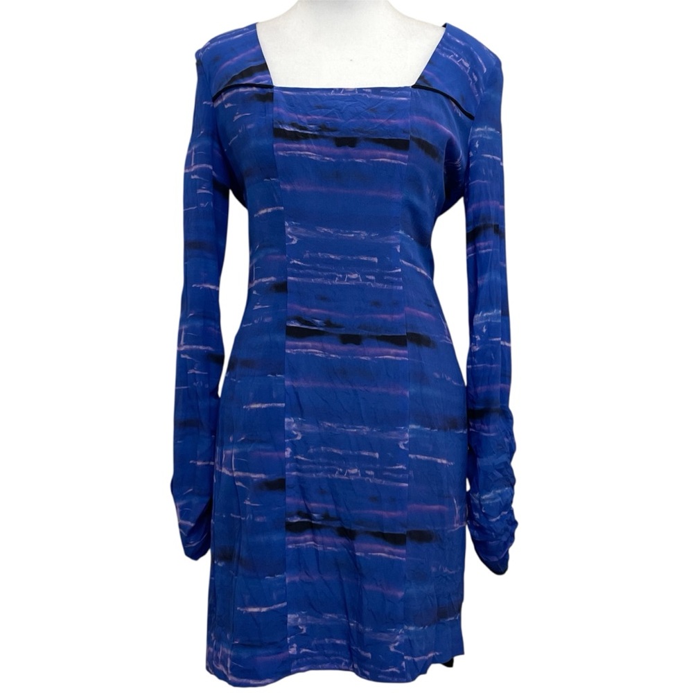 Sine 100% Silk Electric Blue Long Zip Sleeve Cocktail Evening Dress